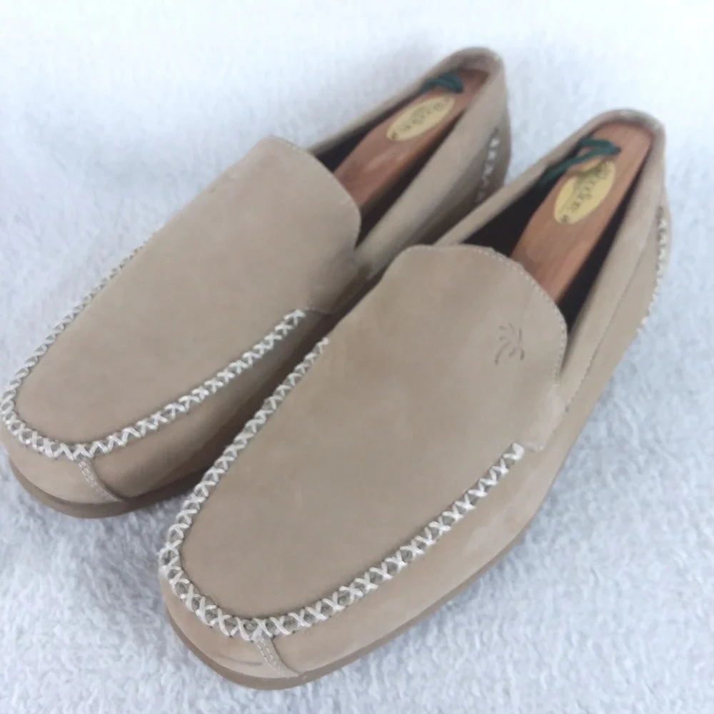 Margaritaville Venice Mens 10 Loafer Shoes Tan Suede Palm Tree Logo Boat Coastal